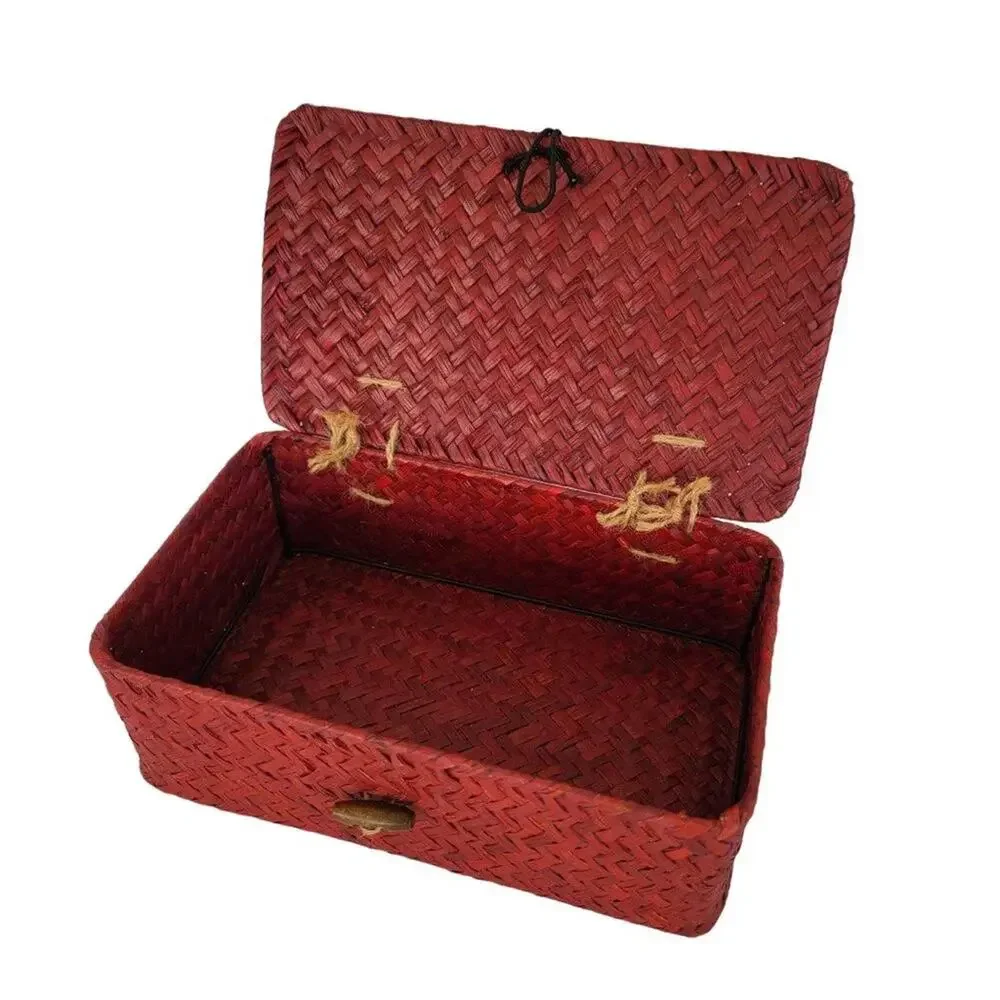 Vintage Wicker Storage Box with Lid Red Woven Keepsake Memory Box Home Decor